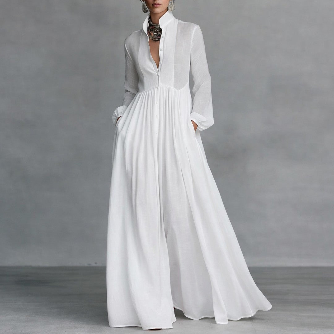 Woman wearing the Tamsin women's maxi elegant dress, side view