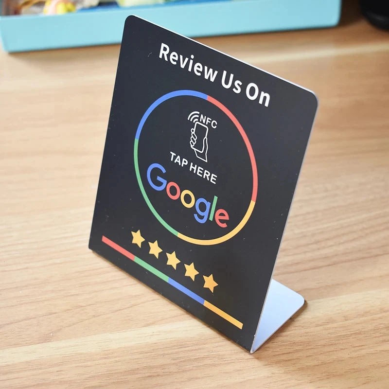 NFC tap-to-review card on a counter stand - product photo 2