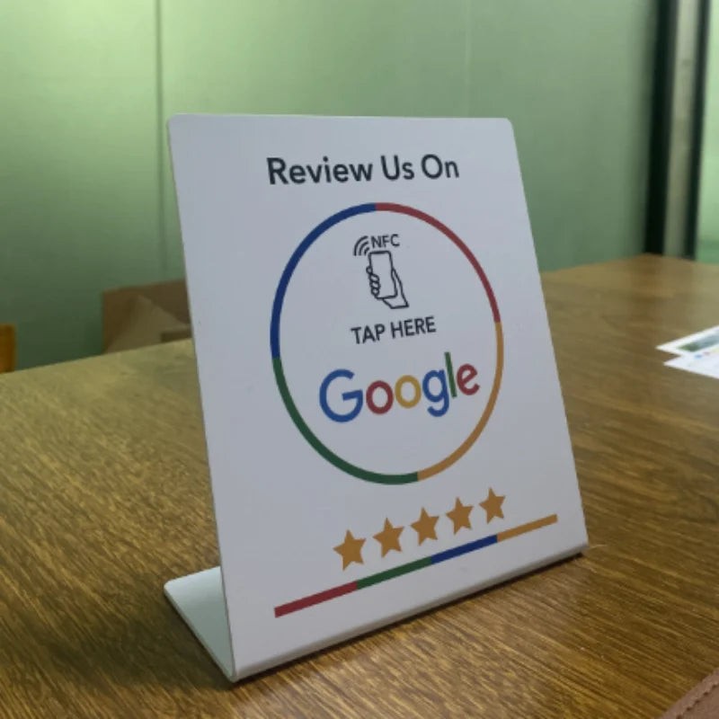 NFC tap-to-review card on a counter stand - product photo 3