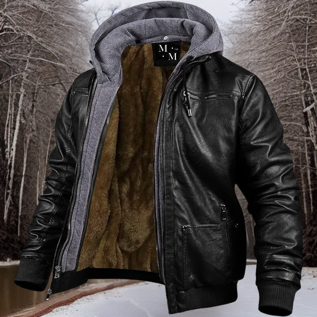 Woman wearing the Tatiana women's high-waist leather jacket, front view