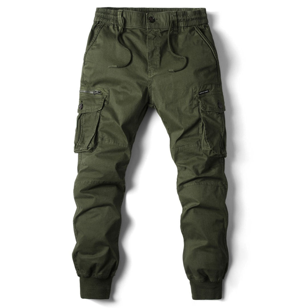 Man wearing the Thaddeus men's long-sleeve pants, detail view