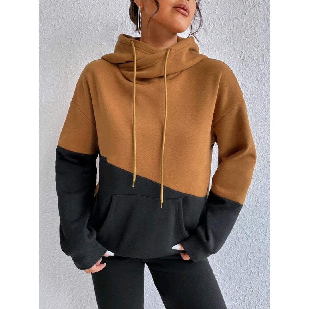 Woman wearing the Thea women's elegant hoodie, back view