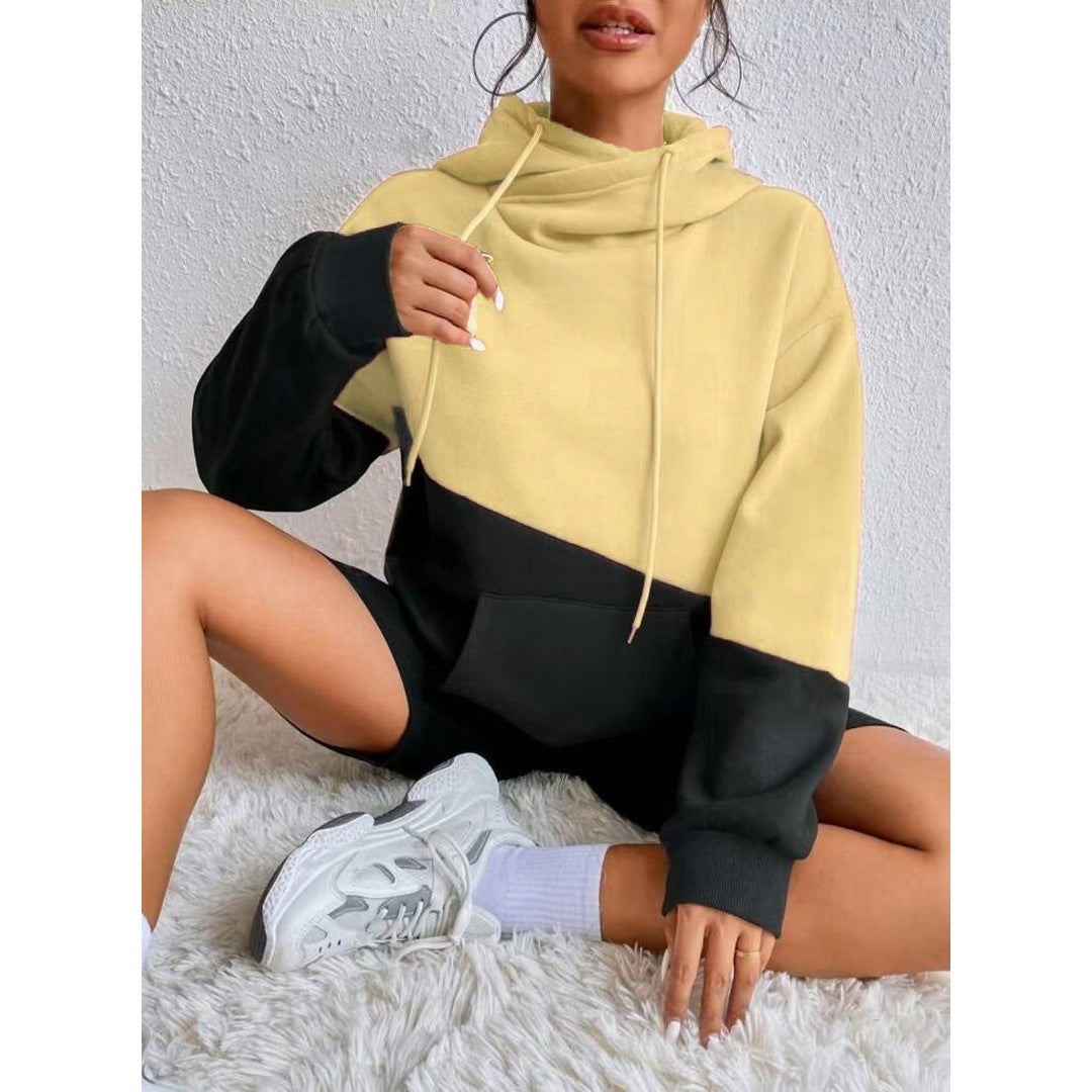 Woman wearing the Thea women's elegant hoodie, model view