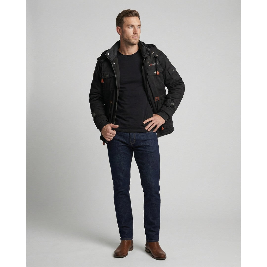 Man wearing the Theo men's polyester jacket, back view
