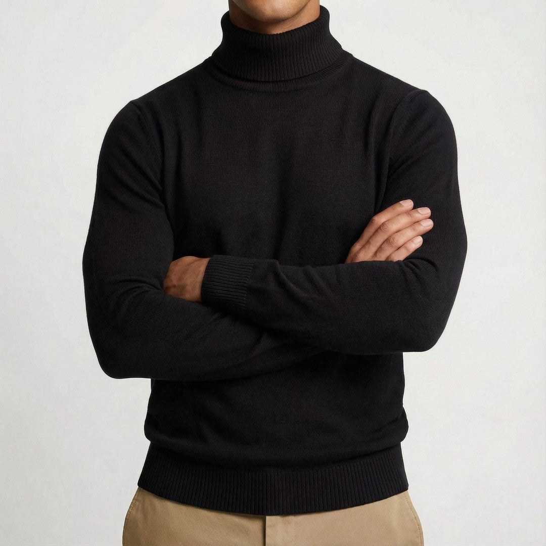 Man wearing the Tiberius men's turtleneck sweater, detail view