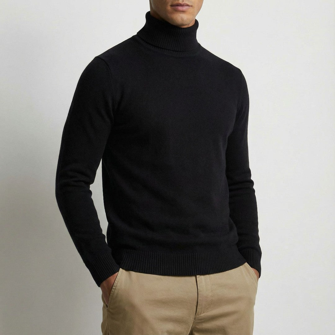 Man wearing the Tiberius men's turtleneck sweater, side view