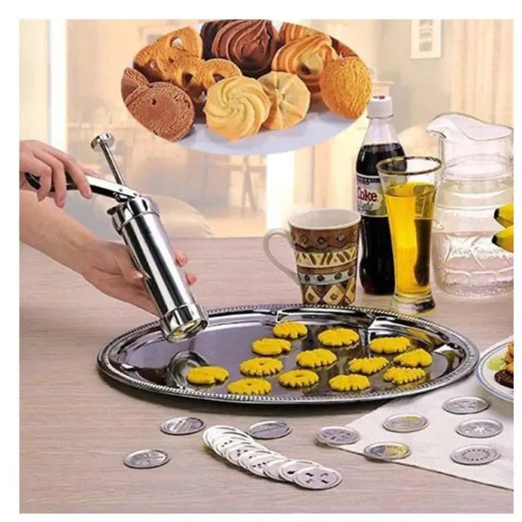 Stainless steel cookie press with shape discs - product photo 1