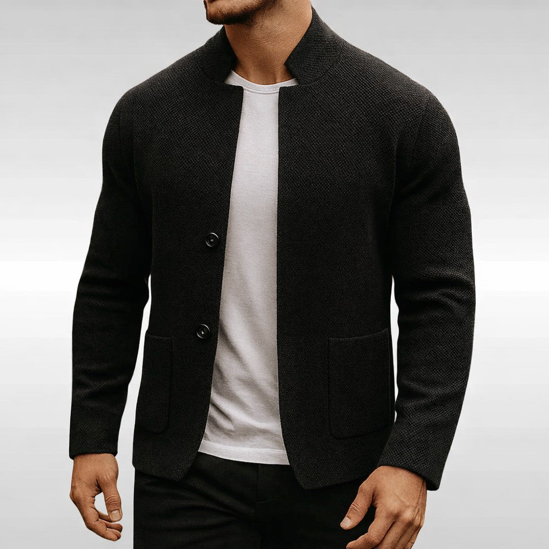 Man wearing the Tucker men's knit cardigan, side view