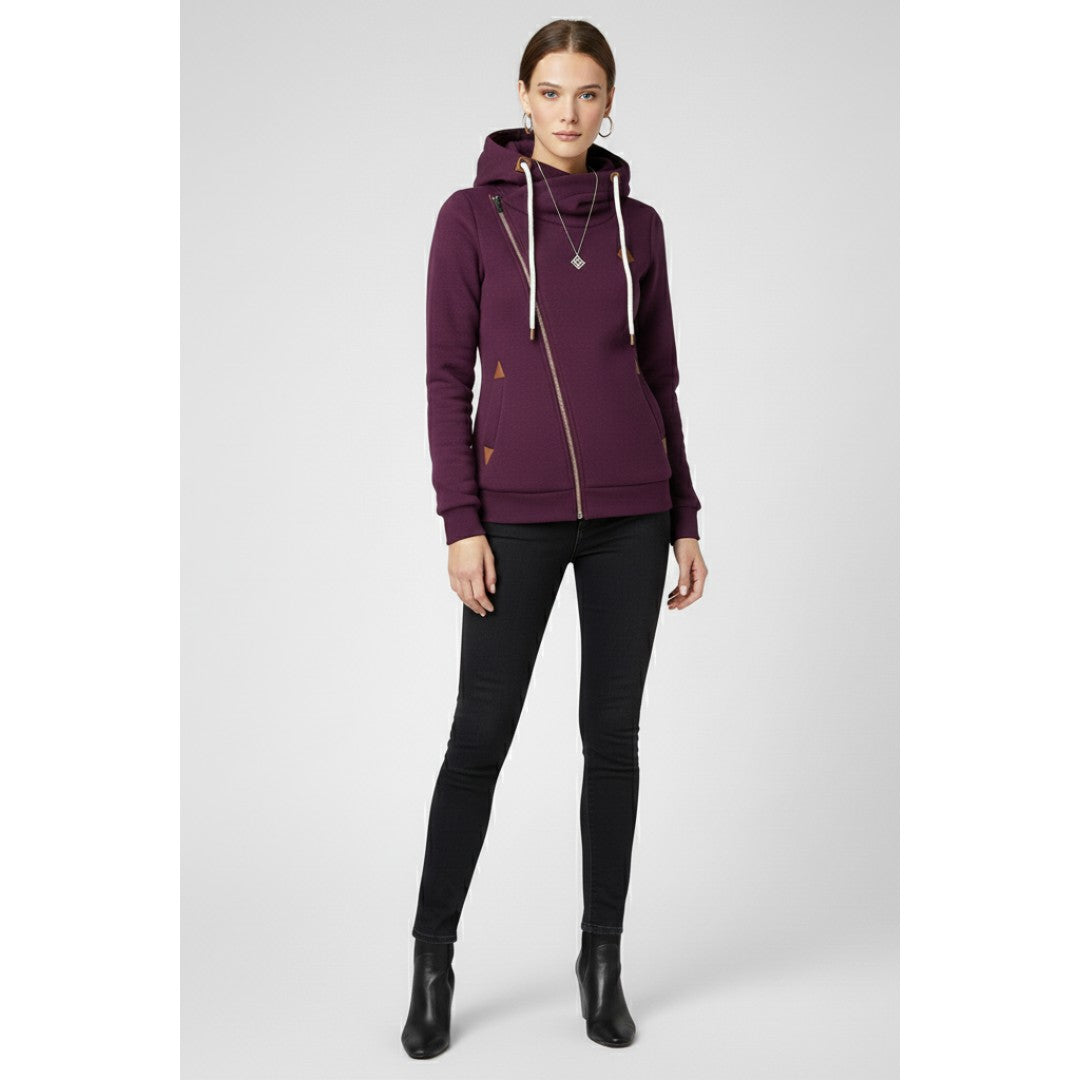Woman wearing the Ulysses women's hooded zip-up jacket, 7 view