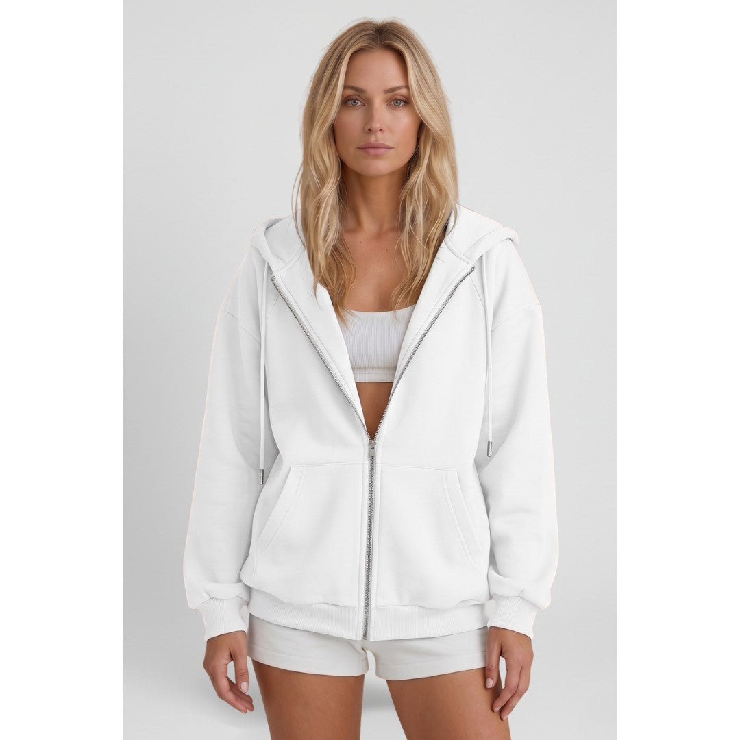 Woman wearing the Ulysses women's hooded zip-up jacket, 9 view