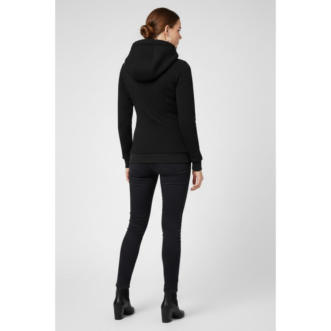 Woman wearing the Ulysses women's hooded zip-up jacket, detail view