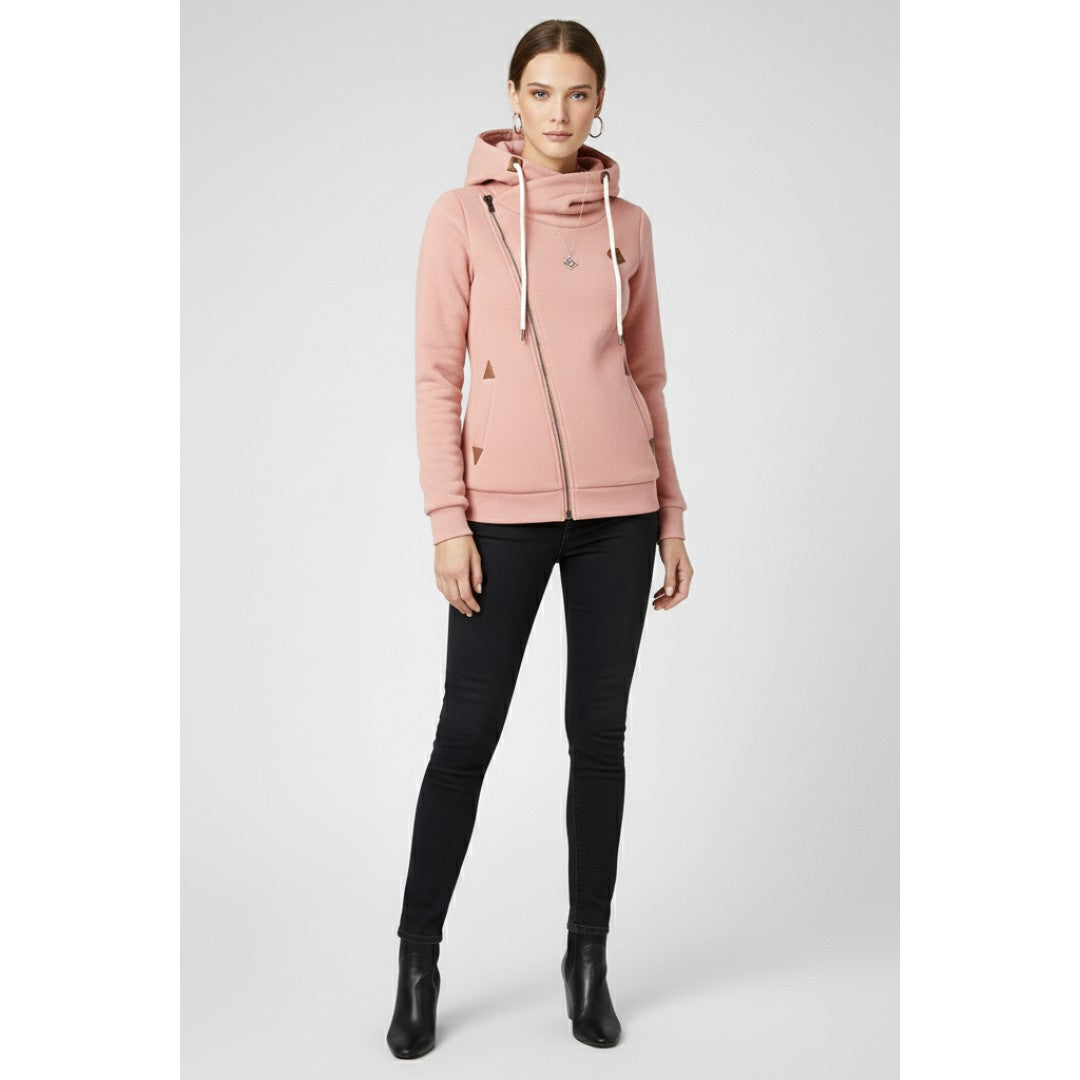 Woman wearing the Ulysses women's hooded zip-up jacket, flatlay view