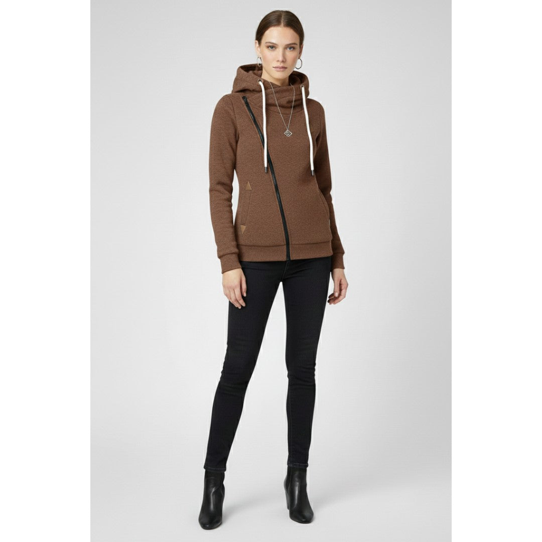 Woman wearing the Ulysses women's hooded zip-up jacket, model view