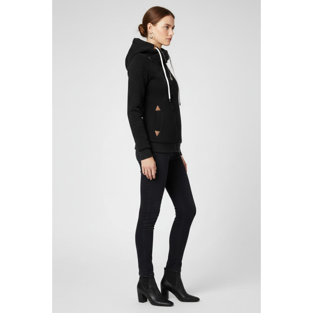 Woman wearing the Ulysses women's hooded zip-up jacket, side view