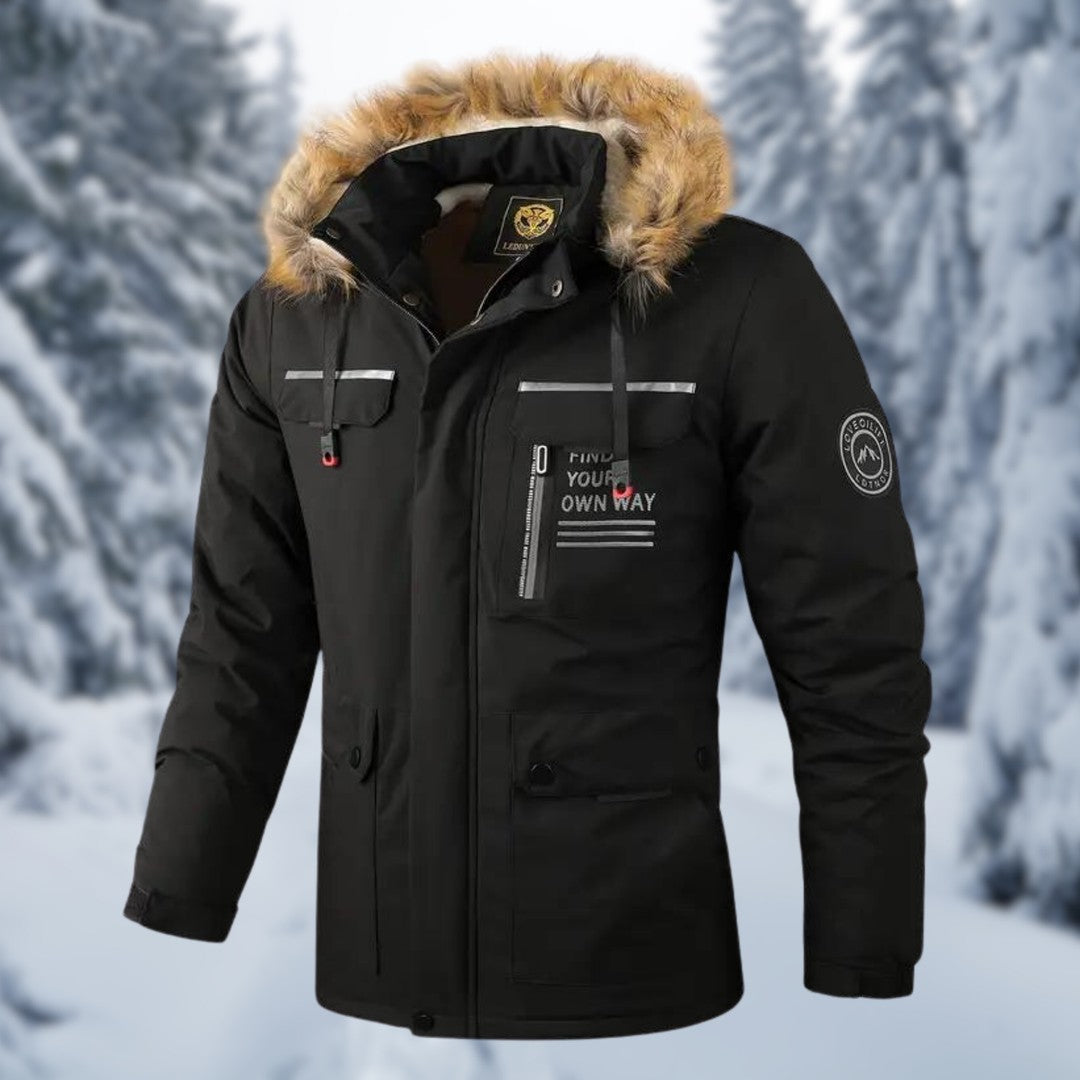 Man wearing the Uriah men's hooded jacket, back view