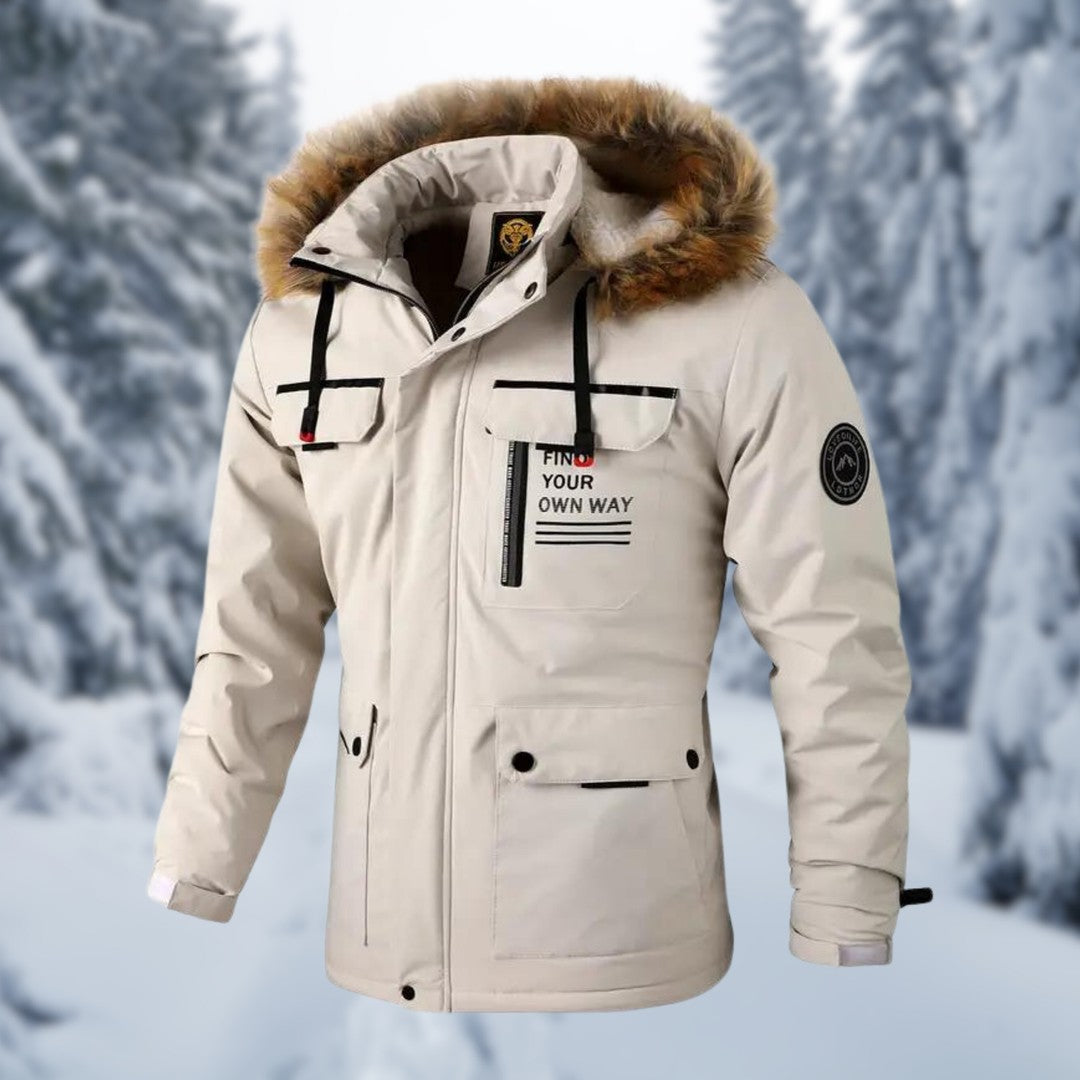 Man wearing the Uriah men's hooded jacket, front view