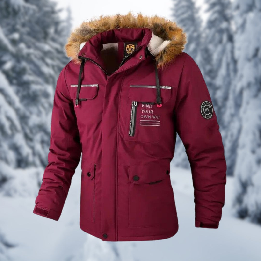 Man wearing the Uriah men's hooded jacket, side view