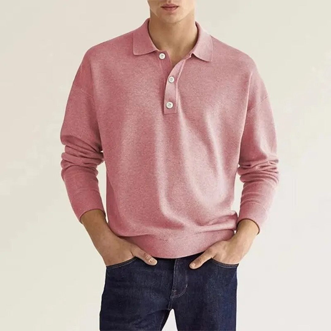 Man wearing the Valentin men's elegant polo shirt, side view