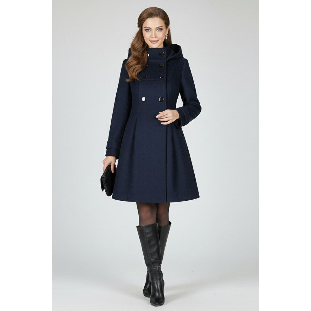 Woman wearing the Vance women's button-up coat, flatlay view