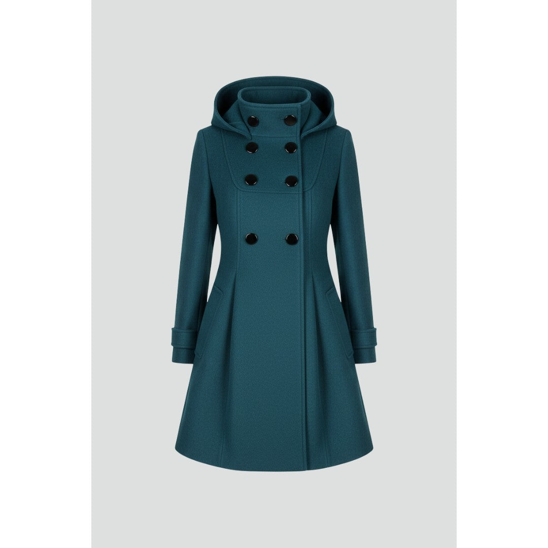 Woman wearing the Vance women's button-up coat, front view