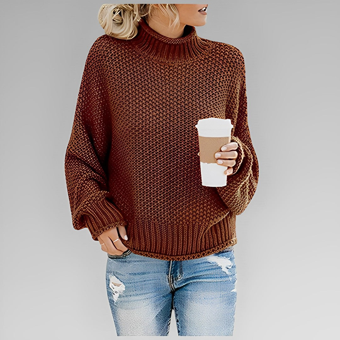 Woman wearing the Vivienne women's sweater, detail view