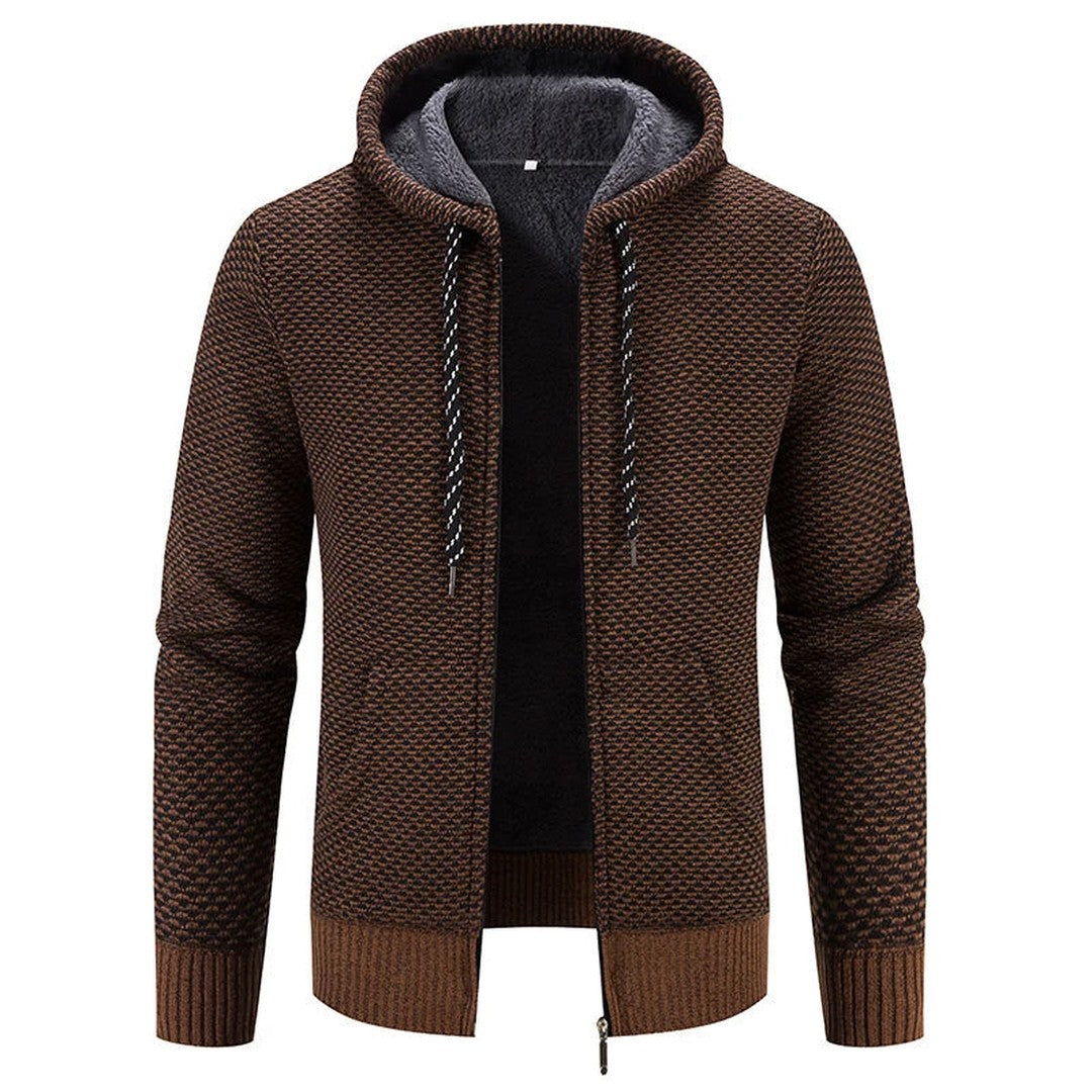 Man wearing the Warren men's hooded jacket, detail view