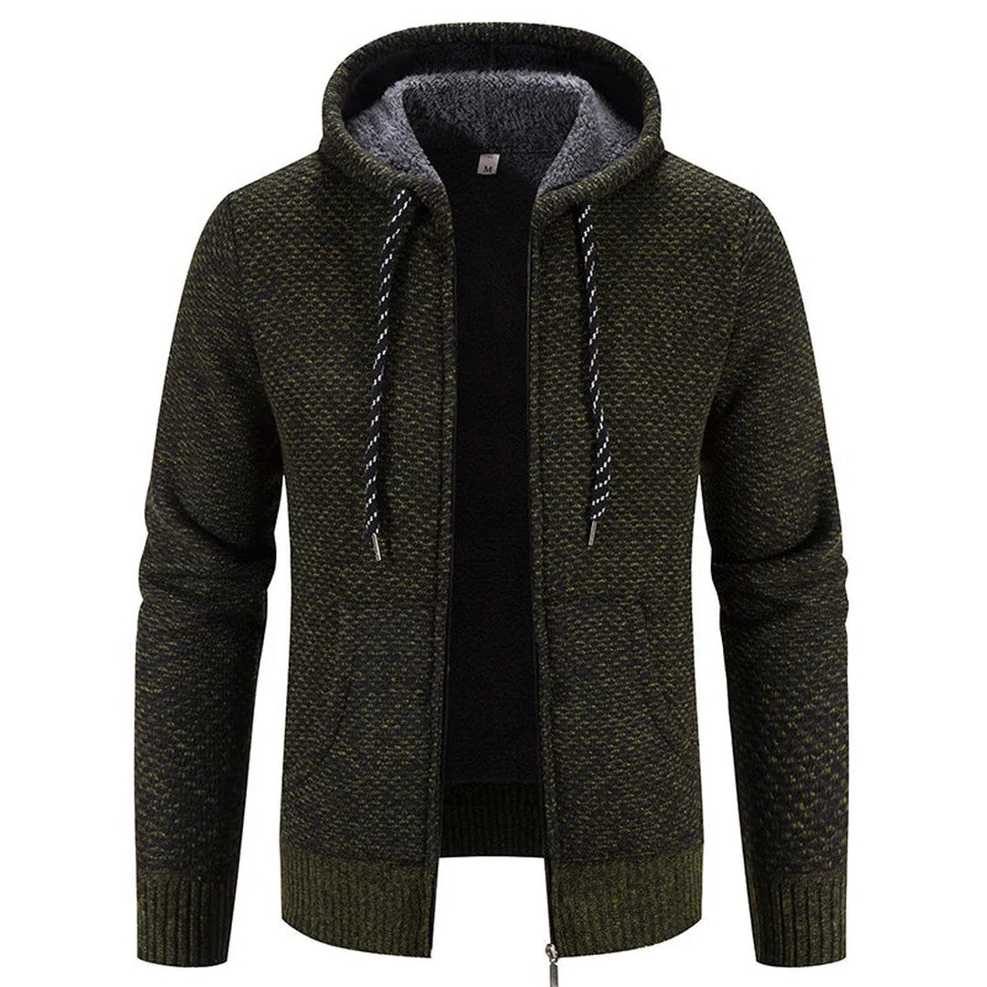 Man wearing the Warren men's hooded jacket, front view