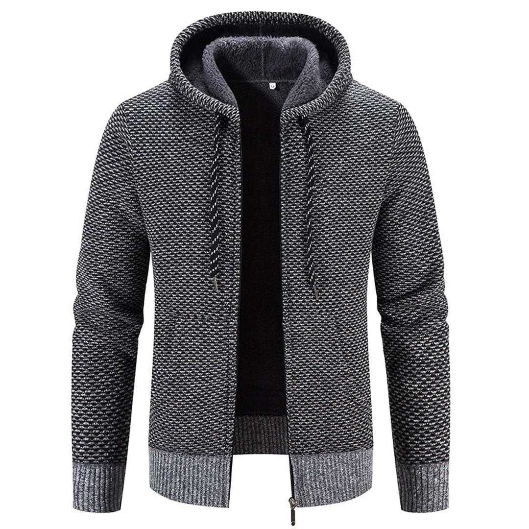 Man wearing the Warren men's hooded jacket, model view