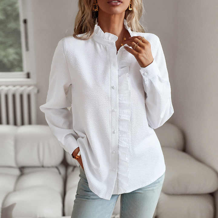 Elise | Women's Striped Ruffle Detail Button Blouse