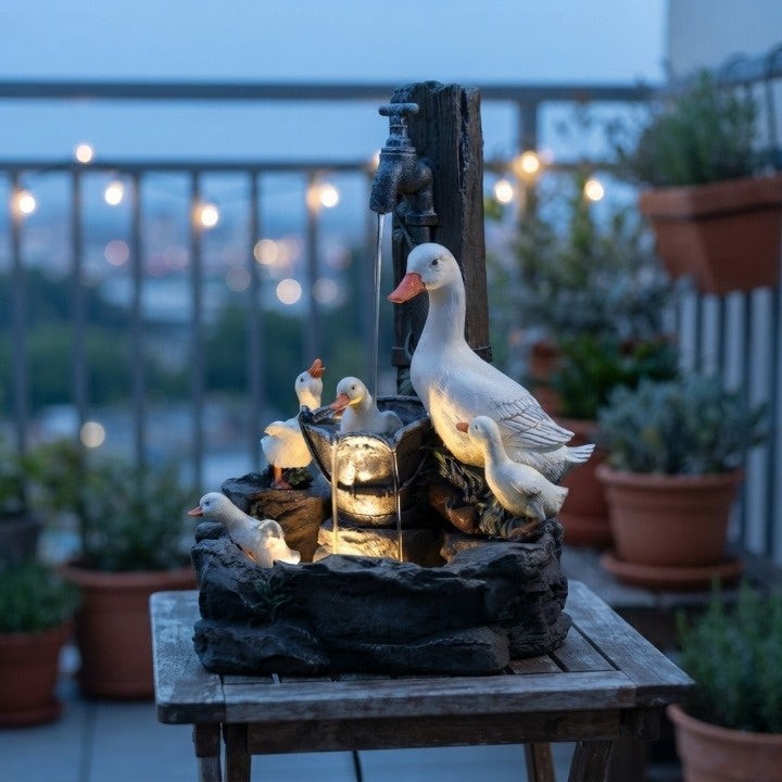 Solar table garden fountain with an animal figure and LED light - product photo 5