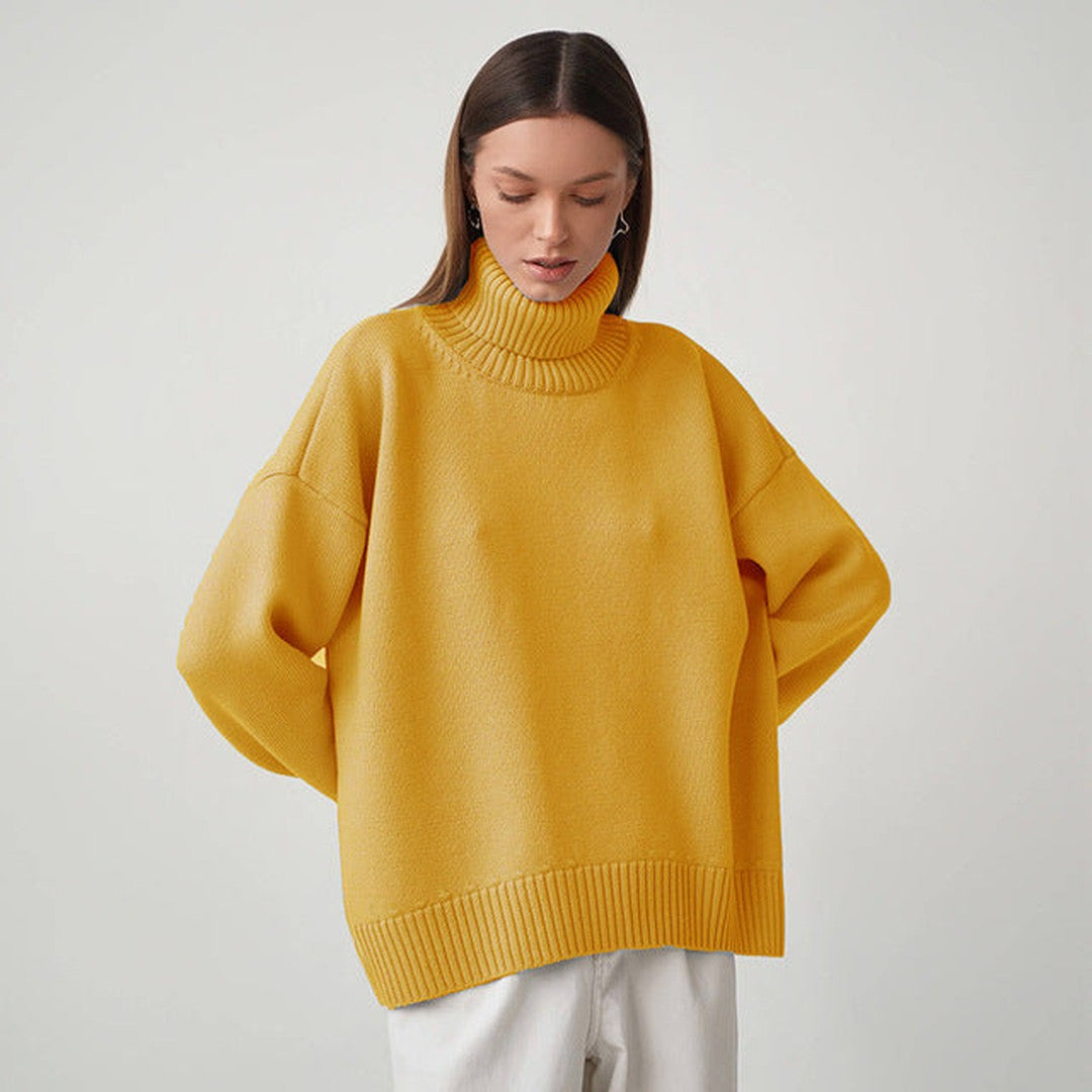 Woman wearing the Xanthe women's turtleneck knit sweater, 8 view