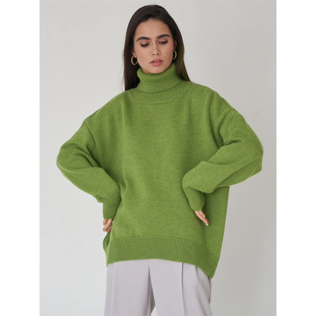 Woman wearing the Xanthe women's turtleneck knit sweater, detail view
