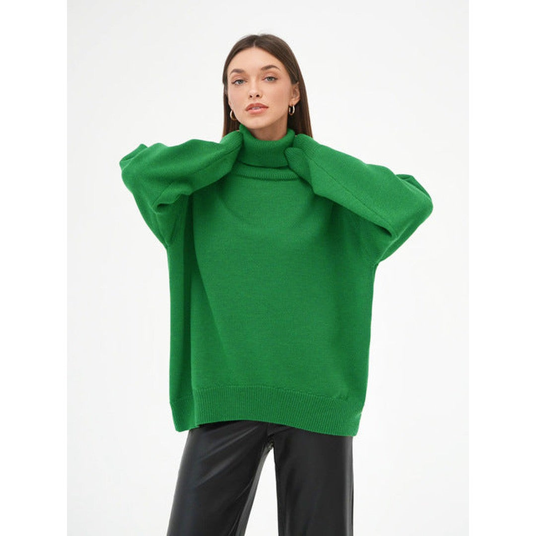 Woman wearing the Xanthe women's turtleneck knit sweater, model view