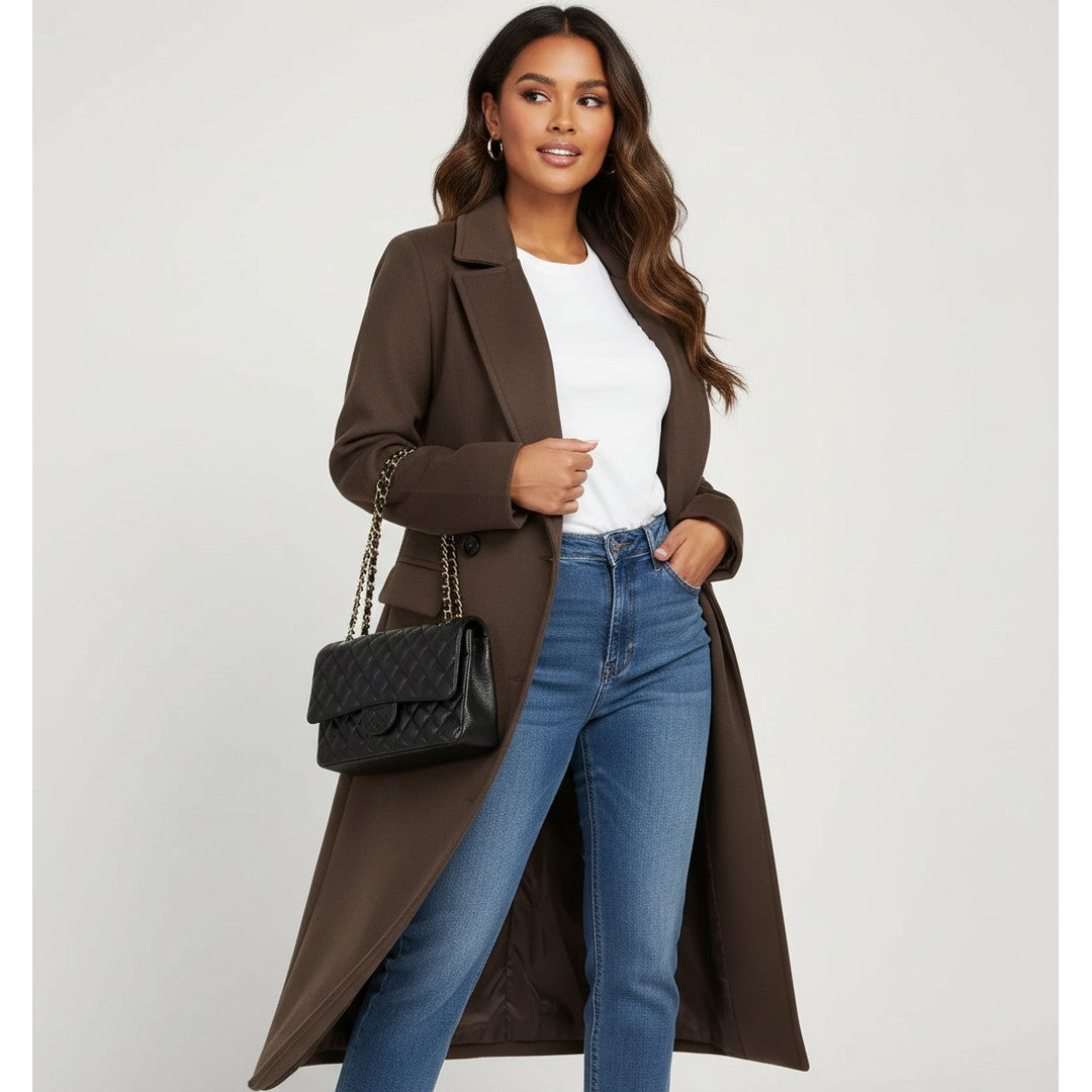 Woman wearing the Ylva women's long-sleeve coat, 13 view