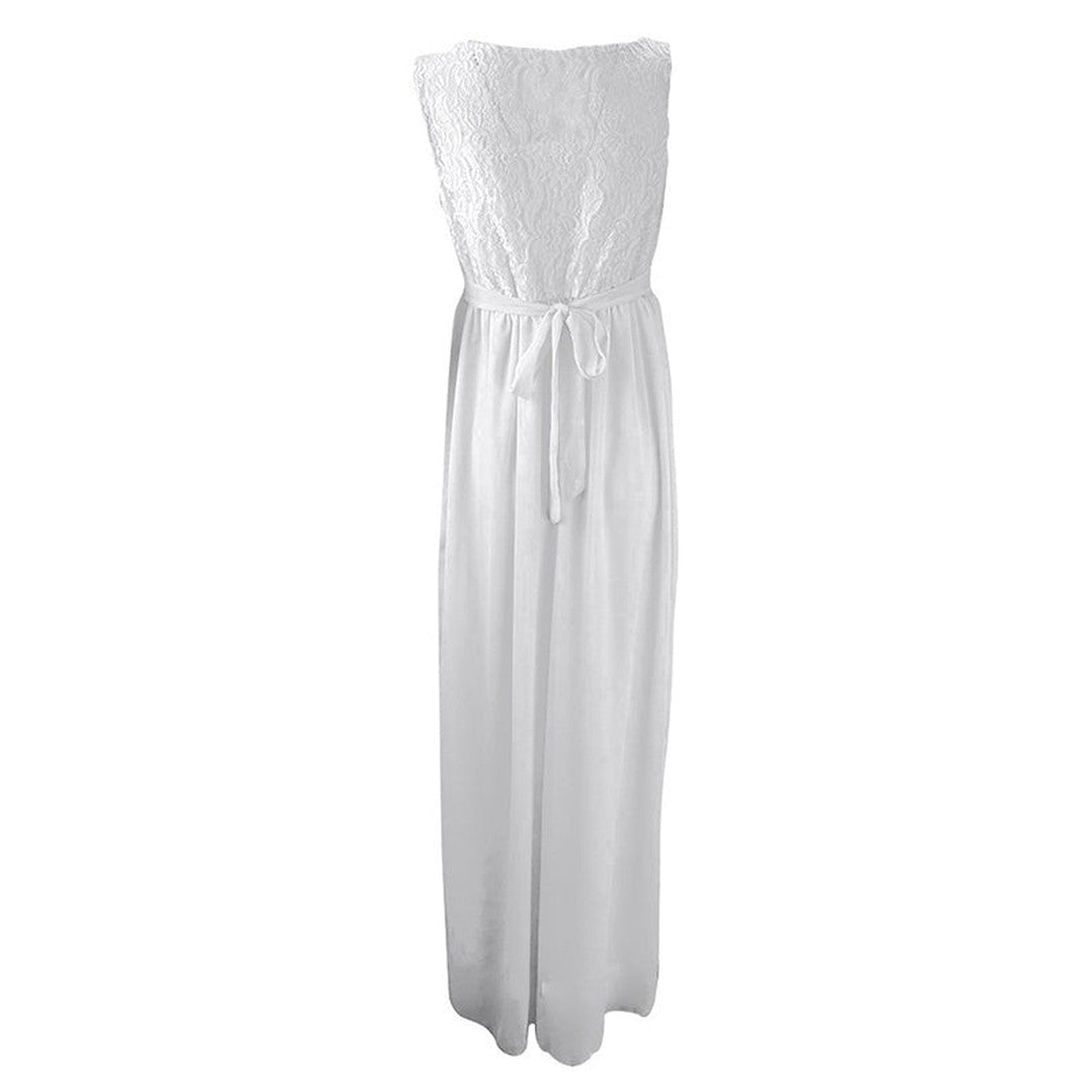 Woman wearing the Yolanda women's maxi crewneck elegant belt, side view