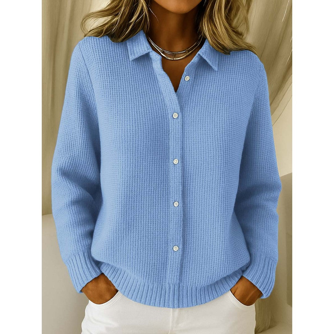 Woman wearing the Ysolde women's collared cotton elegant cardigan, front view