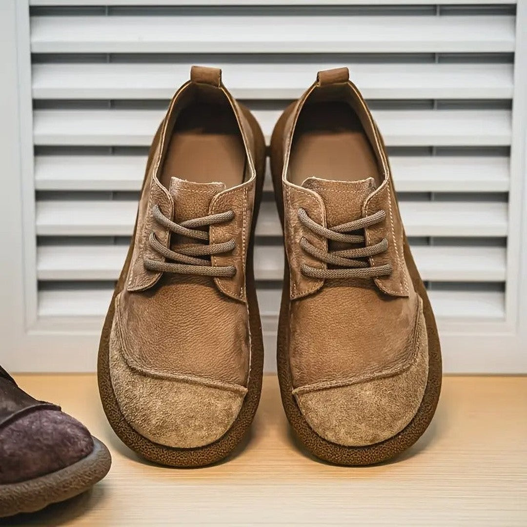 Man wearing the Zebedee men's shoes, front view