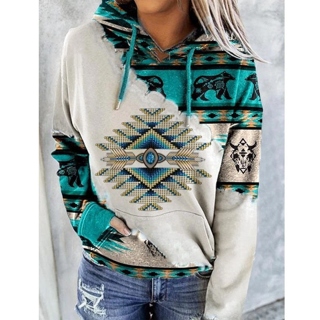 Woman wearing the Zelda women's elegant sweatshirt, side view
