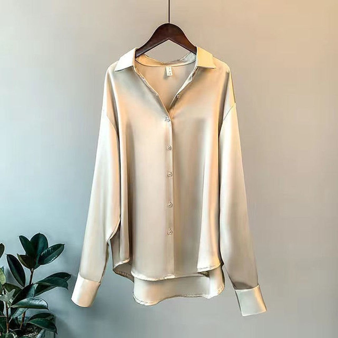 Woman wearing the Zinnia women's satin shirt, back view