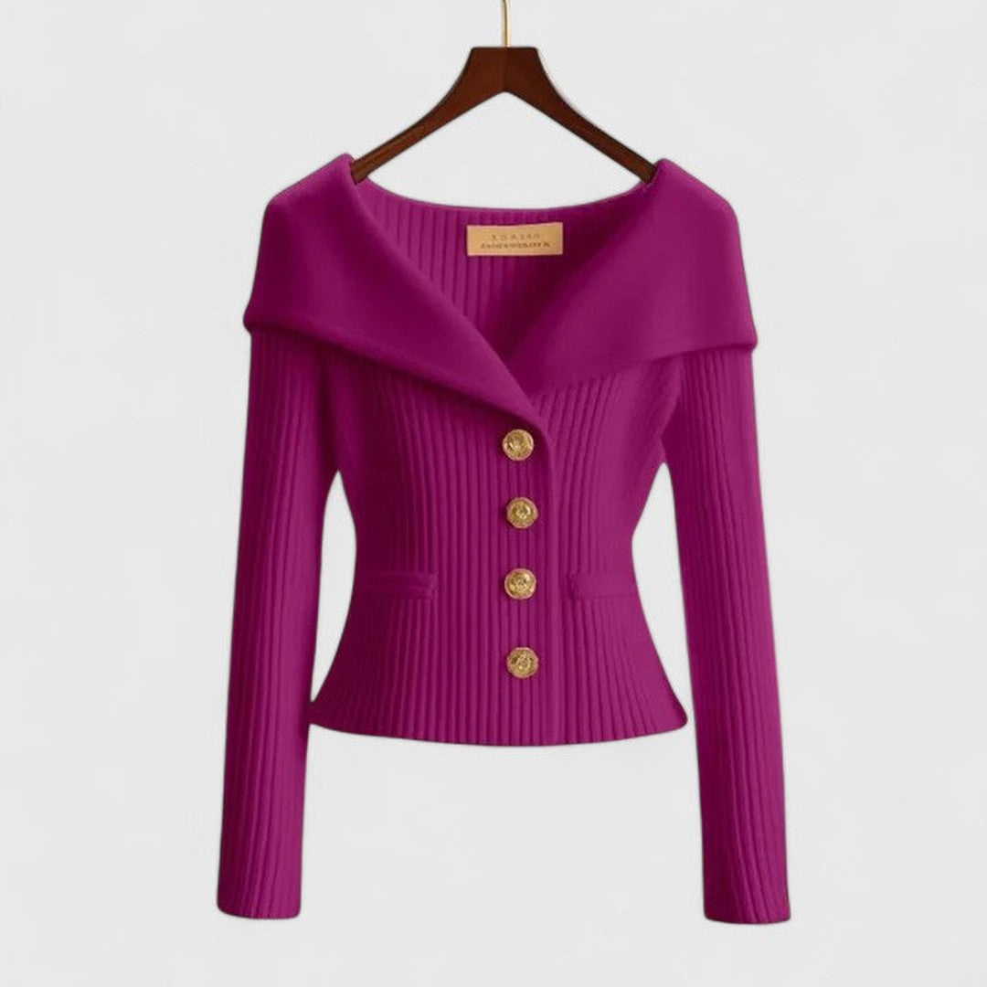 Woman wearing the Zoey women's elegant cardigan, back view