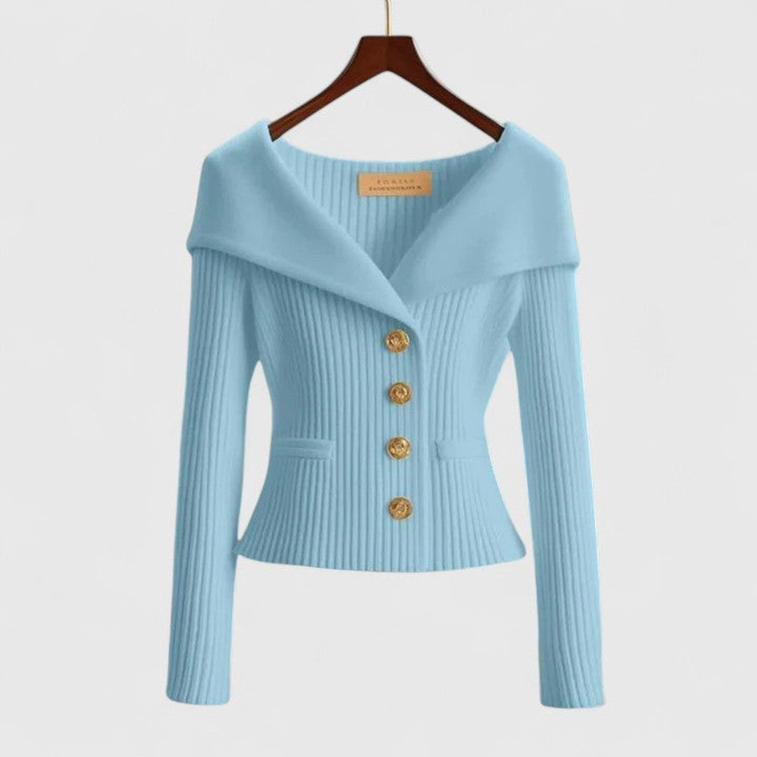 Woman wearing the Zoey women's elegant cardigan, flatlay view