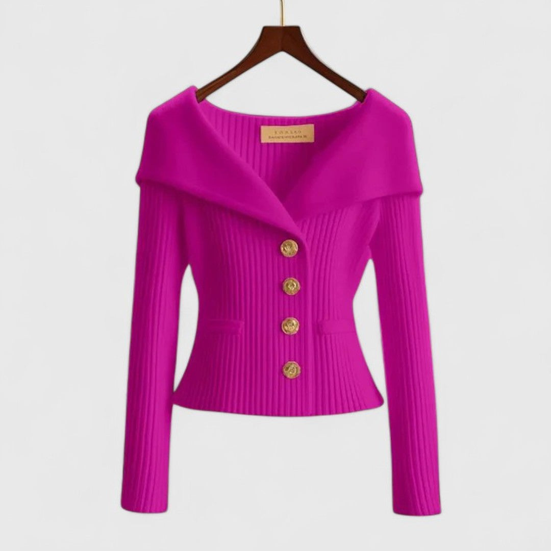 Woman wearing the Zoey women's elegant cardigan, front view