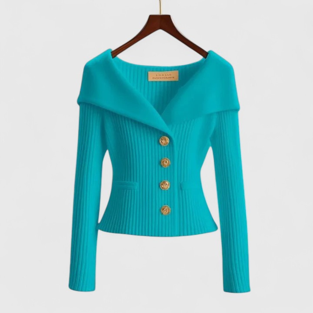 Woman wearing the Zoey women's elegant cardigan, model view